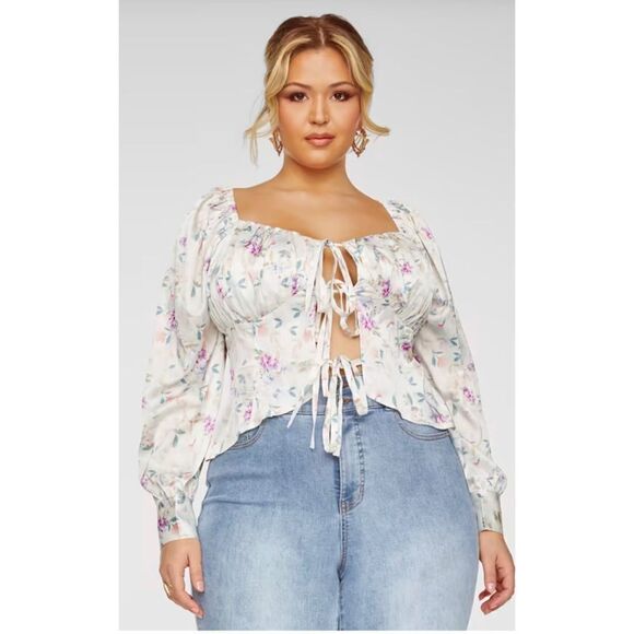 FTF Floral Print Tie Front Blouse - Picture 1 of 14